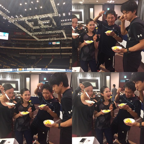 ジャパンオープン終了後に宮原知子選手が本田真凜選手らとパイナップルを頬張る一コマが微笑ましい