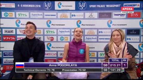ロシア杯2016。女子フリー演技アンナ・ポゴリラヤが優勝。リプニツカヤは怪我の為演技中断し最下位に。村上佳菜子は11位