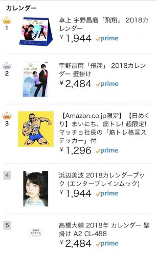 宇野昌磨選手のカレンダーがアマゾン売れ筋ランキング1位に！多くのファン念願の記念カレンダーに予約殺到